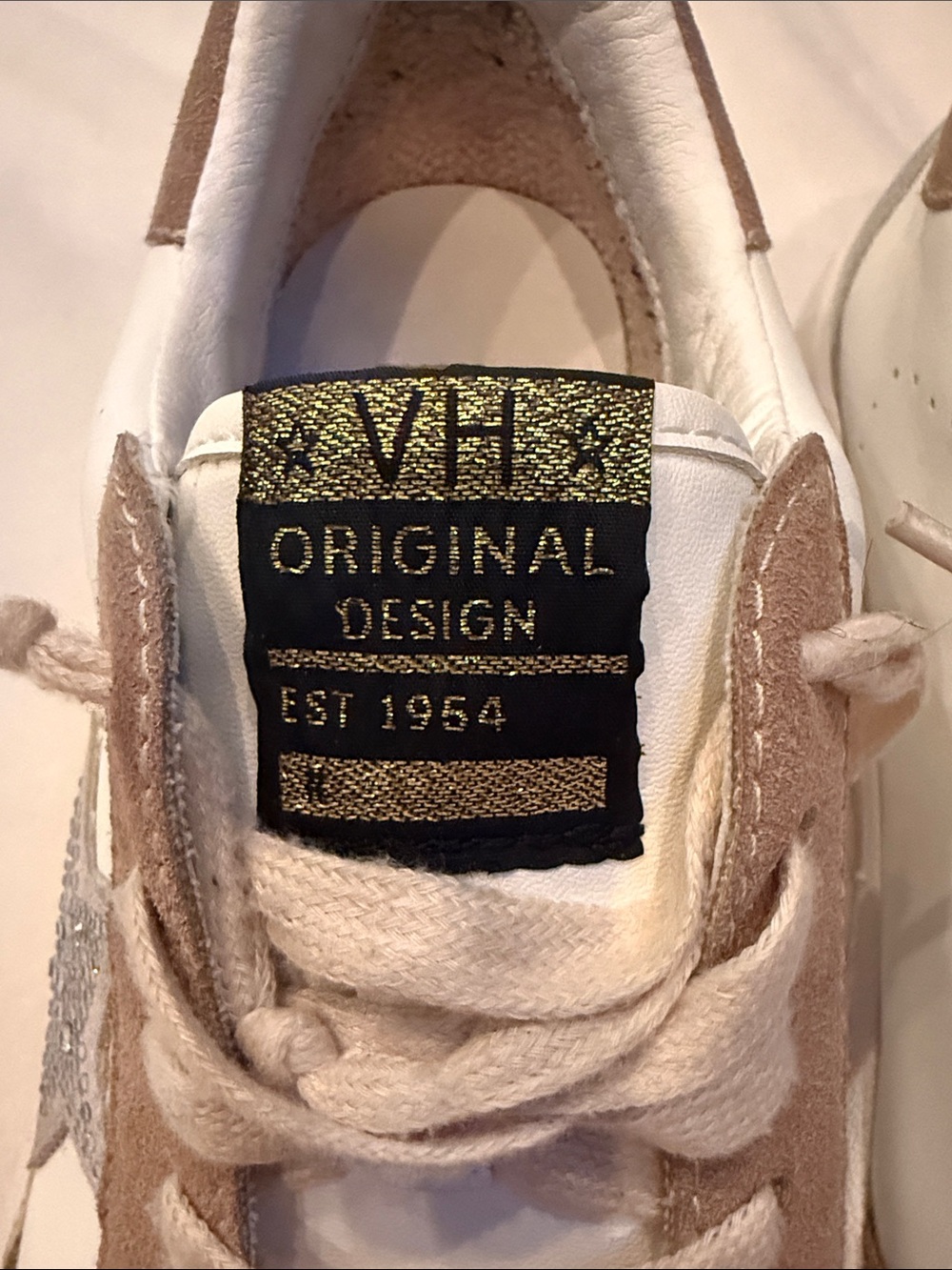 Vintage Havana White Leather Sneakers with Beige Suede/ Silver RhinestoneStar